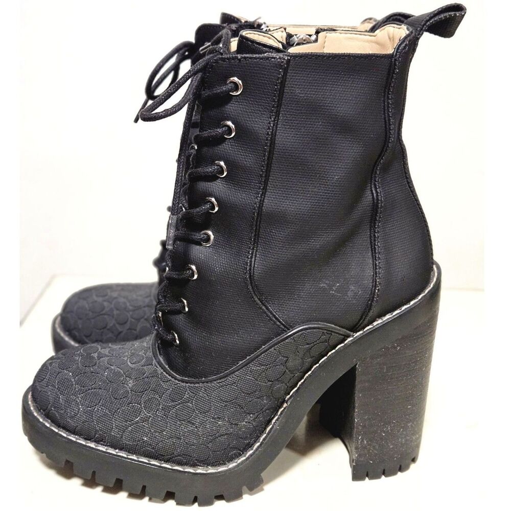 Coach Haven Black Leather Combat Boot Monogram Lug Sole Platform Womens Size 5